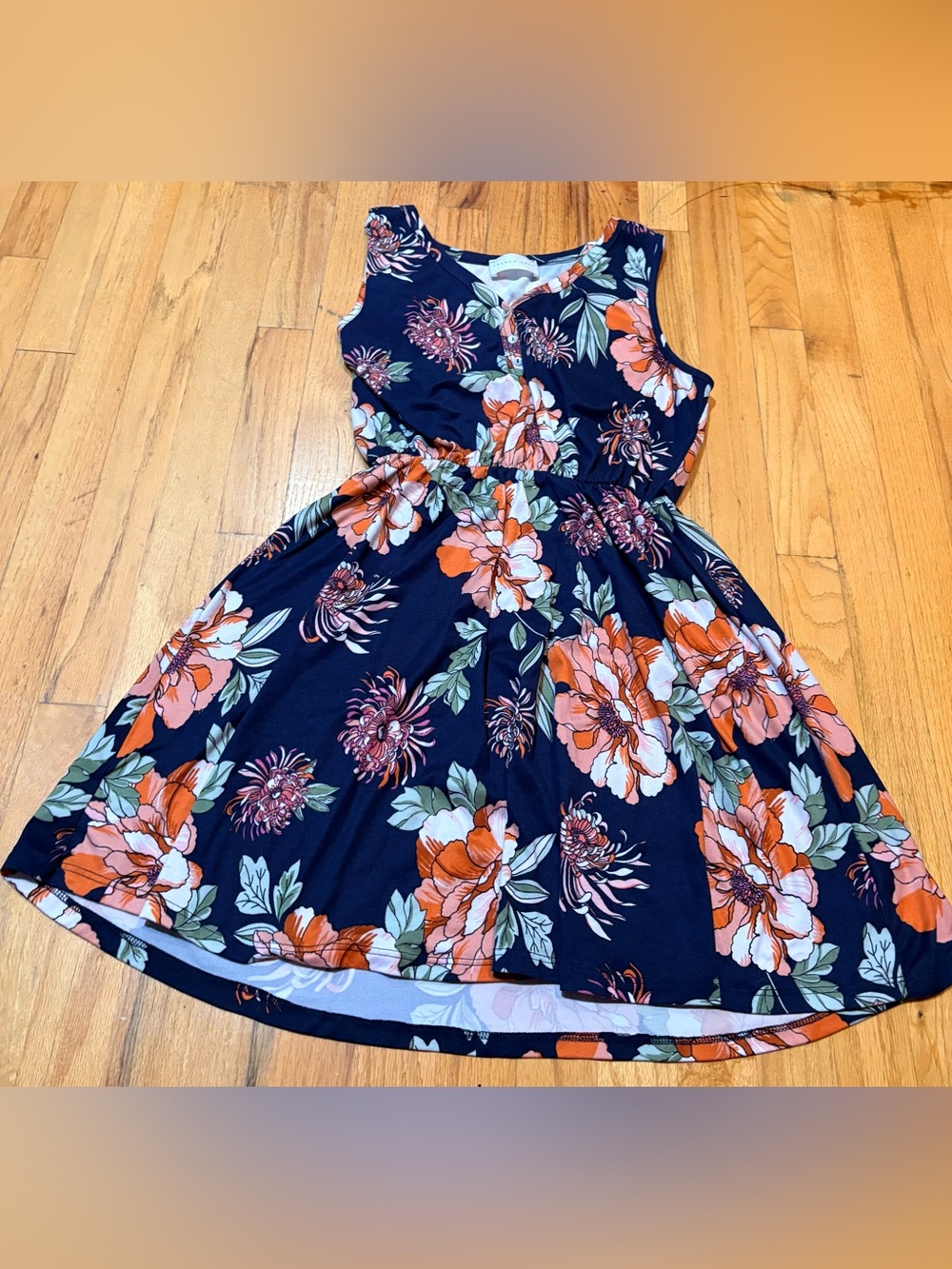 French Grey Floral Fit & Flare Dress Women’s Large Navy Orange Sleeveless